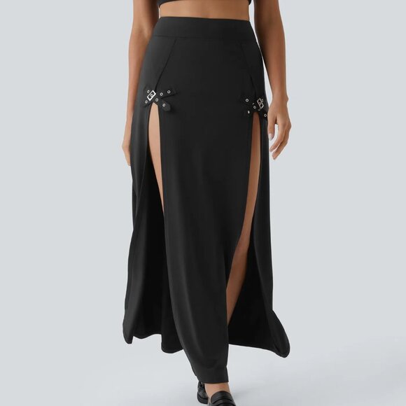 Halara‎ High Waisted Decorative Buckle Split 2-in-1 Maxi Skirt Black Small NWT - Picture 1 of 14